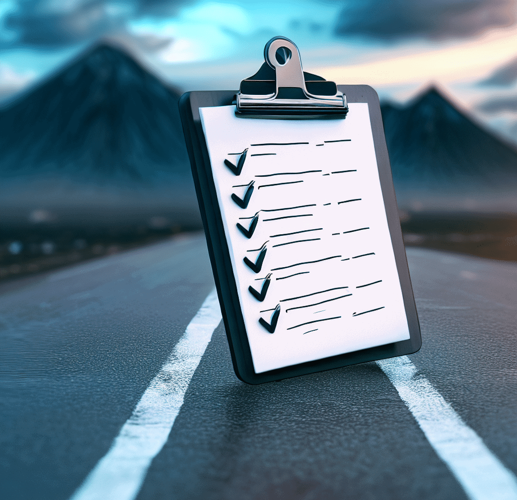a clipboard with a checklist written on it in the middle of the road as digital art photorealistic 4k