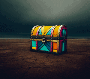 a colorful and modern treasure chest sitting in the middle of a dark, barren, empty field