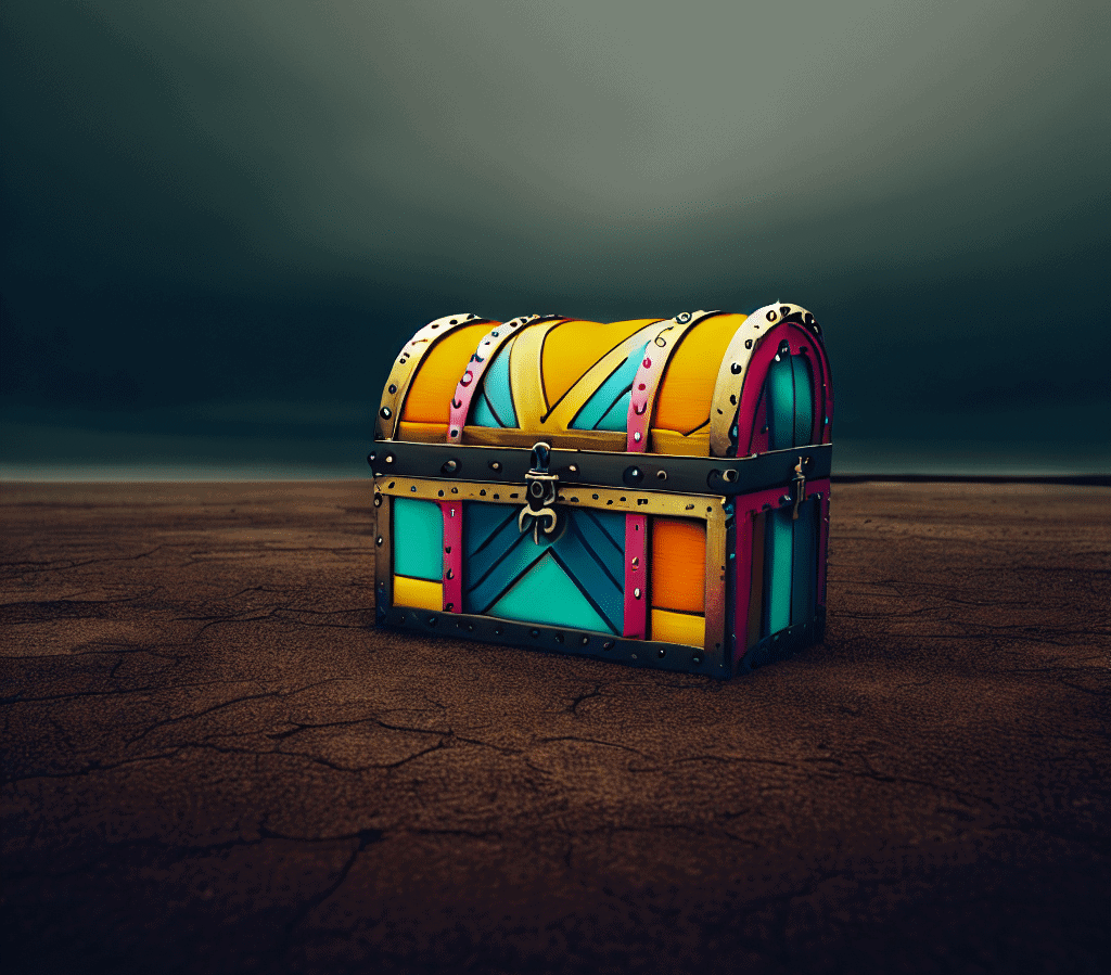 a colorful and modern treasure chest sitting in the middle of a dark, barren, empty field