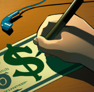 a person writing a letter on a desk with a money sign on it as digital art in a photorealistic style