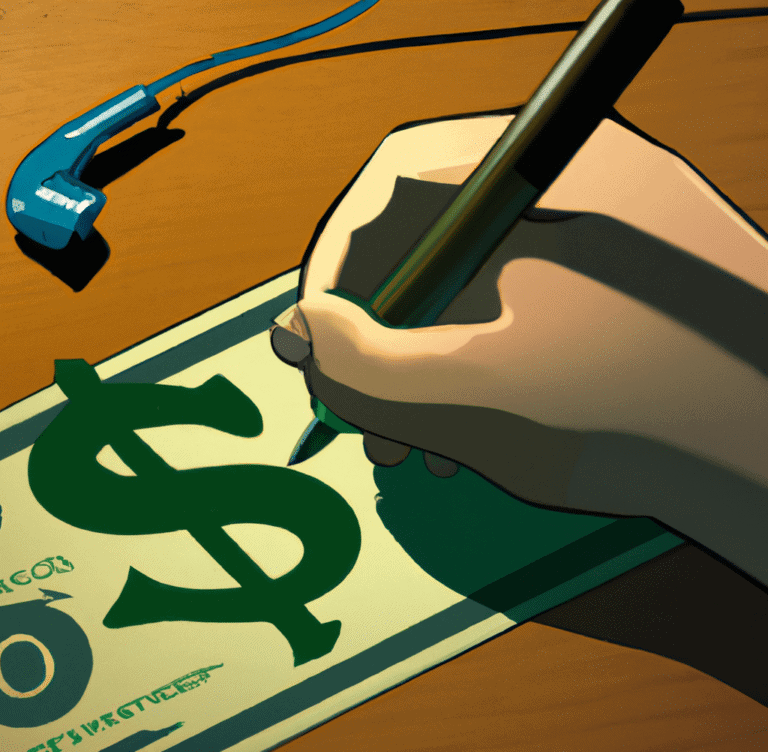 a person writing a letter on a desk with a money sign on it as digital art in a photorealistic style