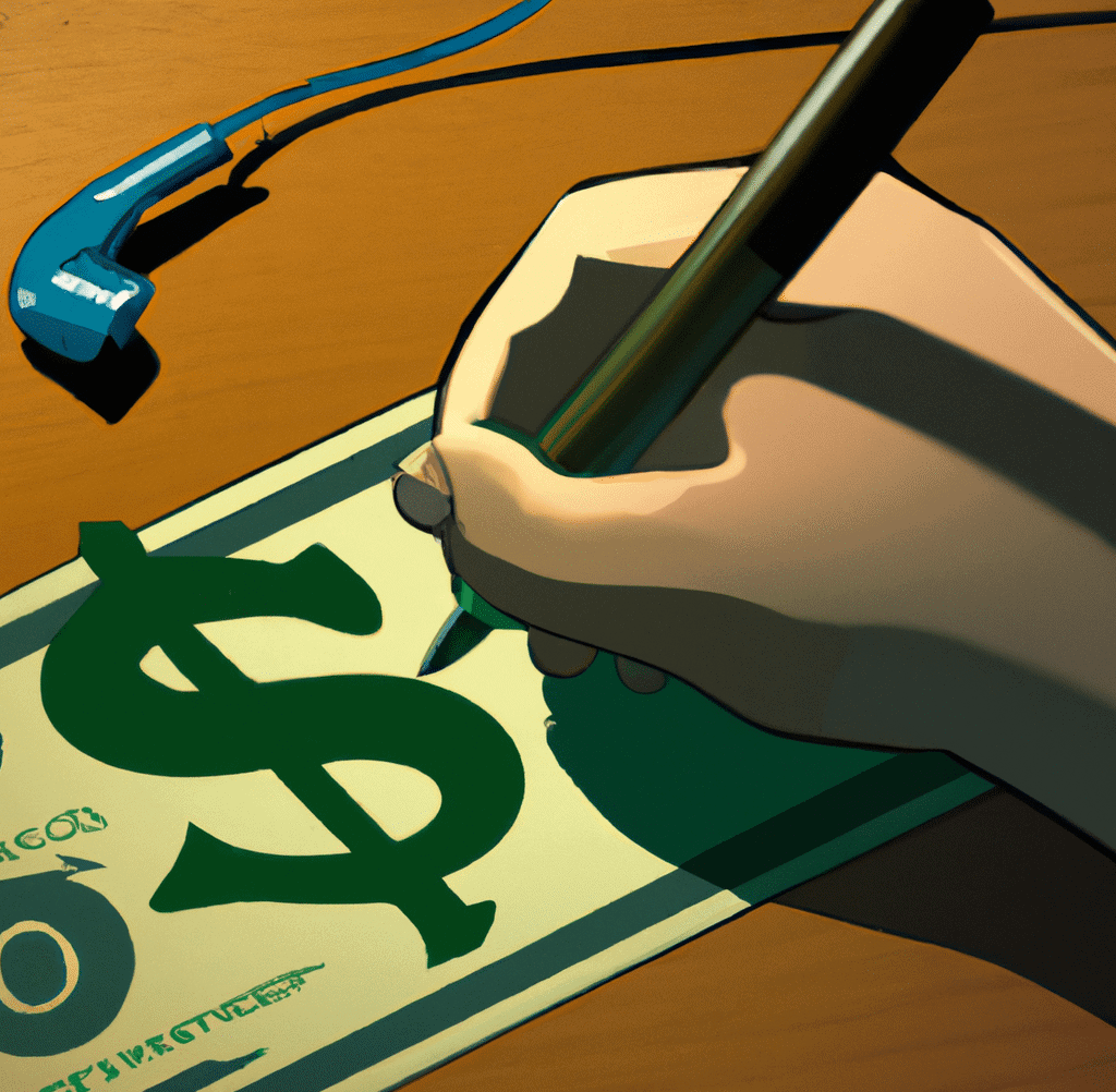a person writing a letter on a desk with a money sign on it as digital art in a photorealistic style