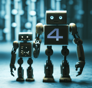 a robot standing next to a little robot brother. both holding hands. the bigger robot has a 4 marked on him, while the younger one has a 3