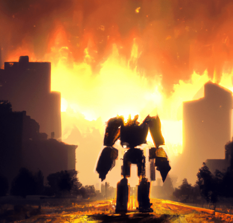 a robot walking away from a city on fire as 4k digital art, mirroring a movie scene in I am Legend