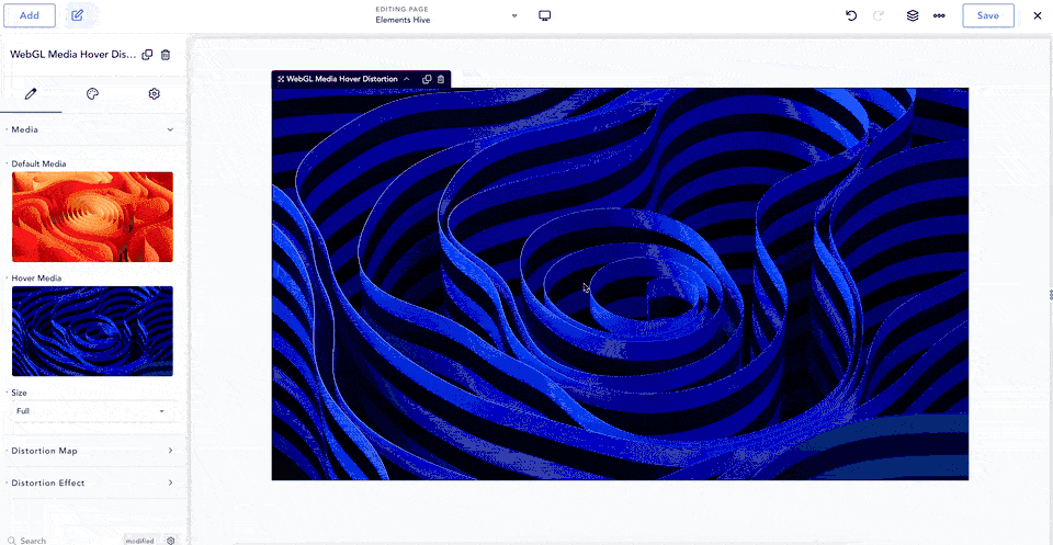 WebGL media hover in Elements Hive for Breakdance Builder