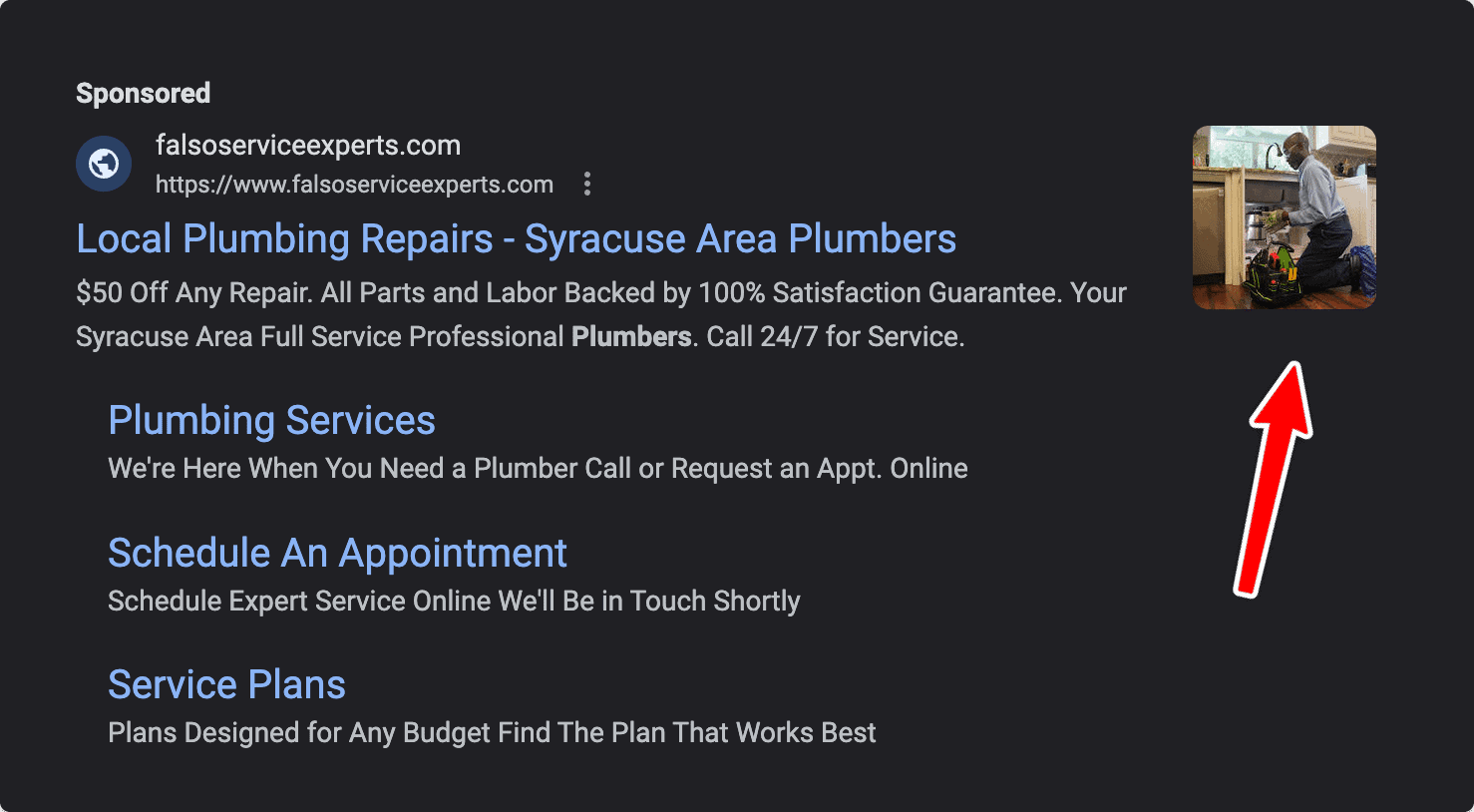 A Google AdWord placement showing 4 lines of space taken up reducing local SEO company visibility