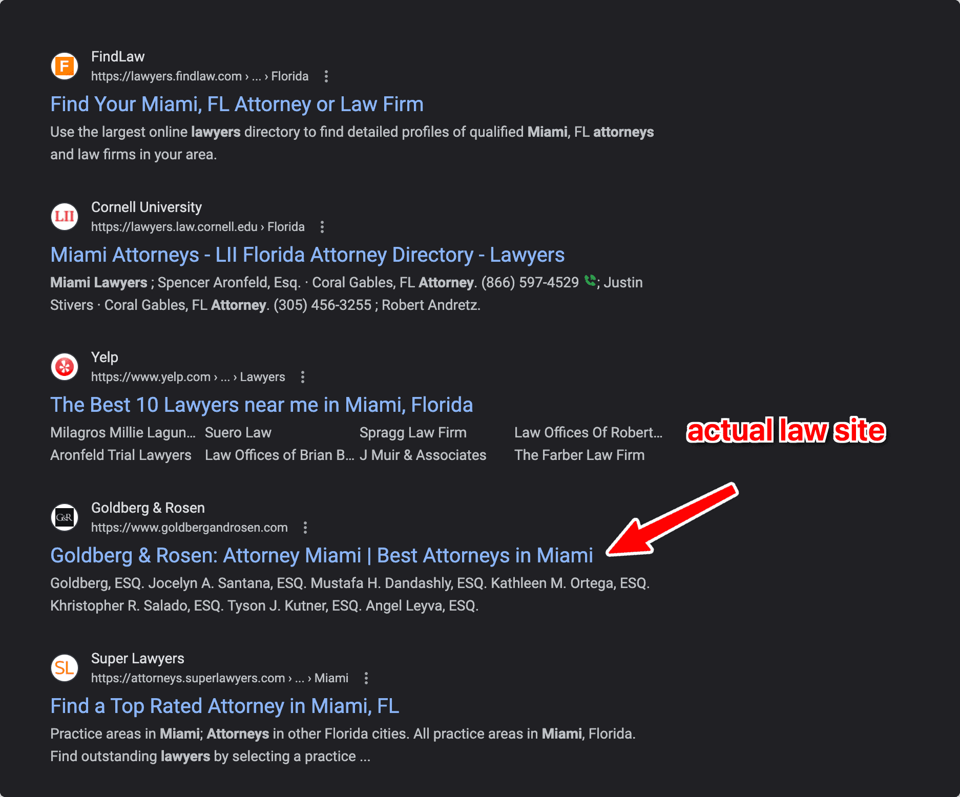 SERP page showing online directories before showing an actual company that provides a service