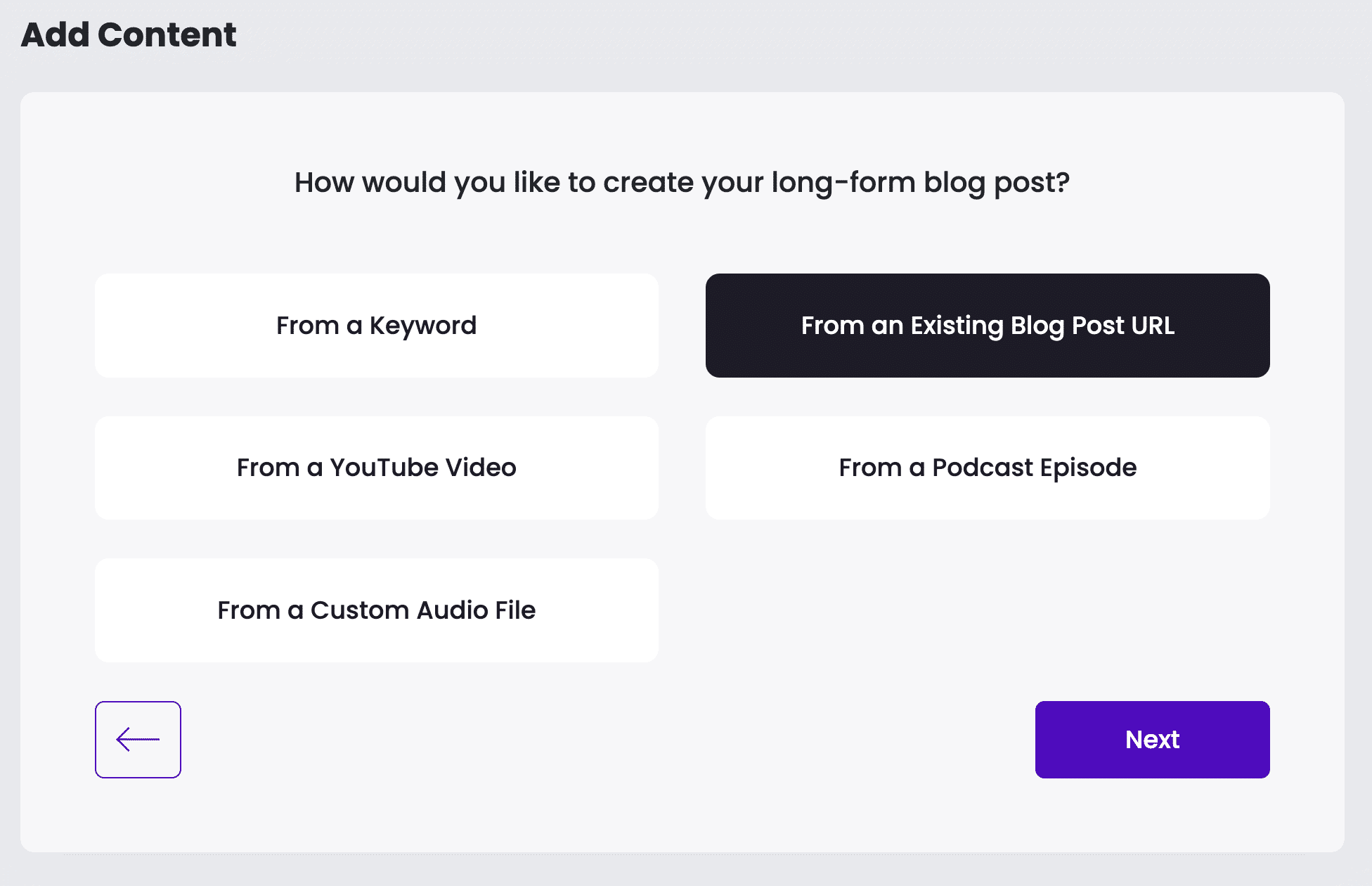 Creating a long-form, SEO optimized blog post using Content at Scale's "existing blog post URL" blog rewrite feature.
