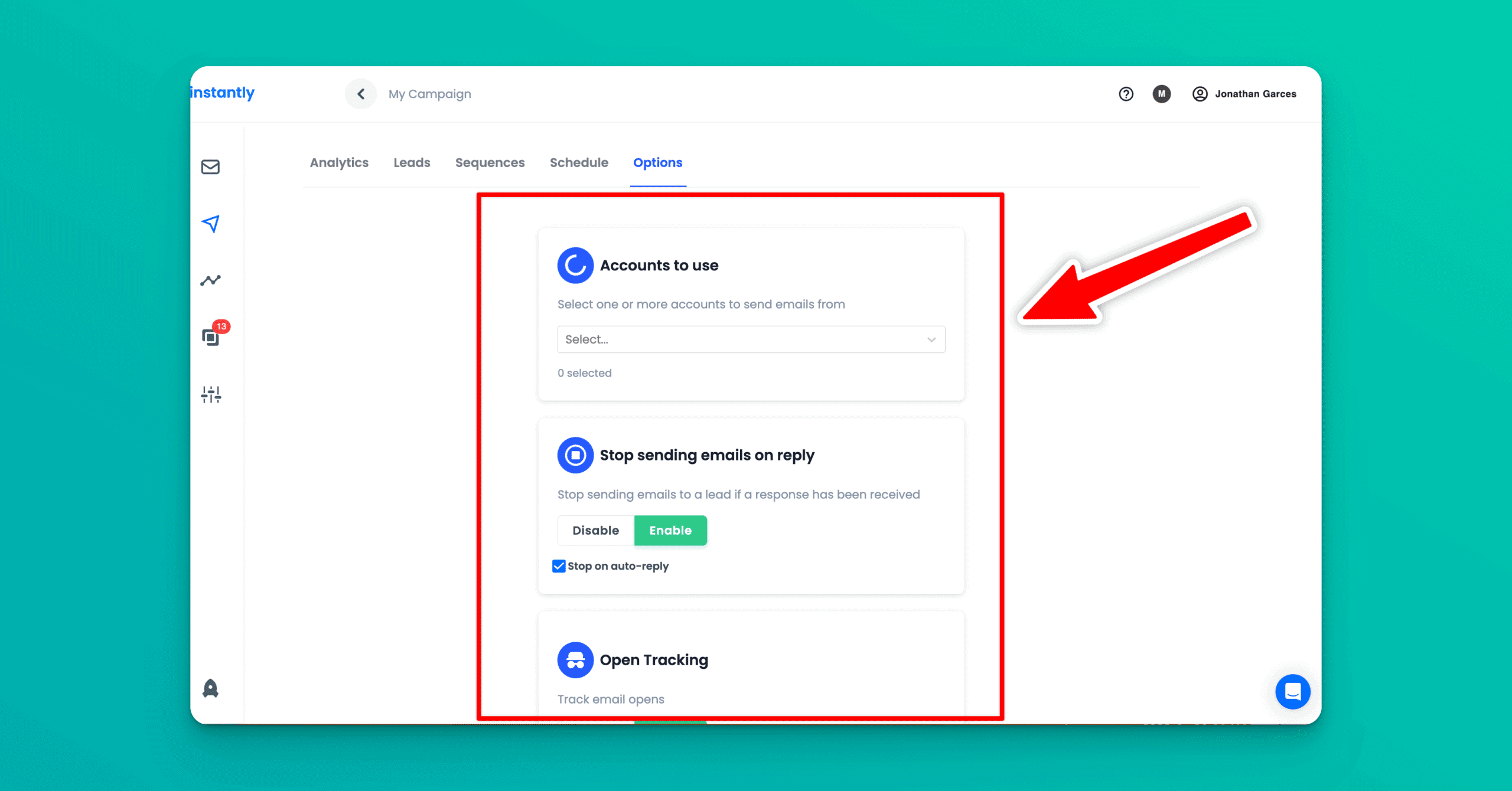 Instantly.ai campaign options about accounts, tracking, email responses, and delivery optimization