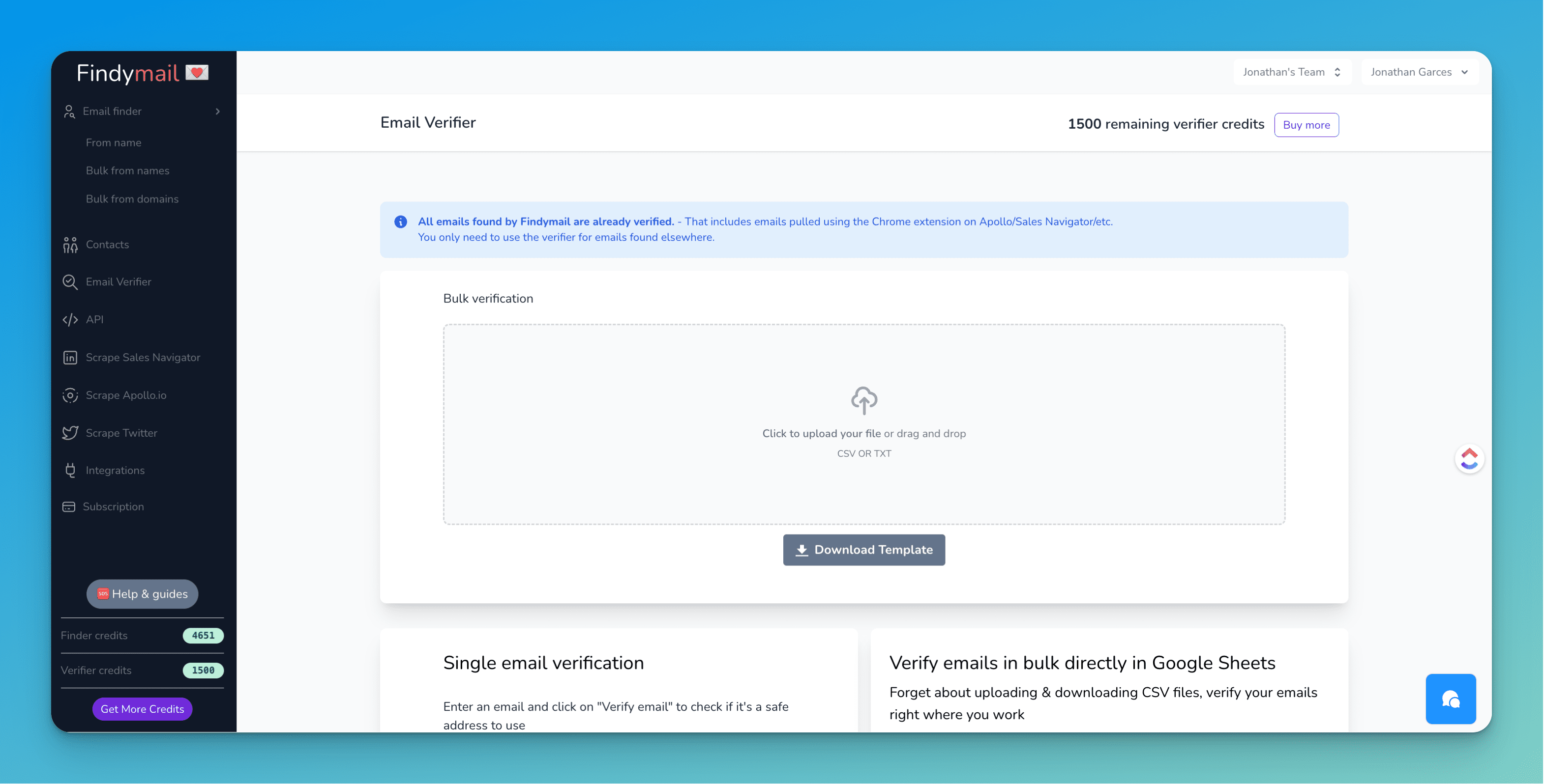 Email Verifier feature on FindyMail that finds valid emails from contact lists