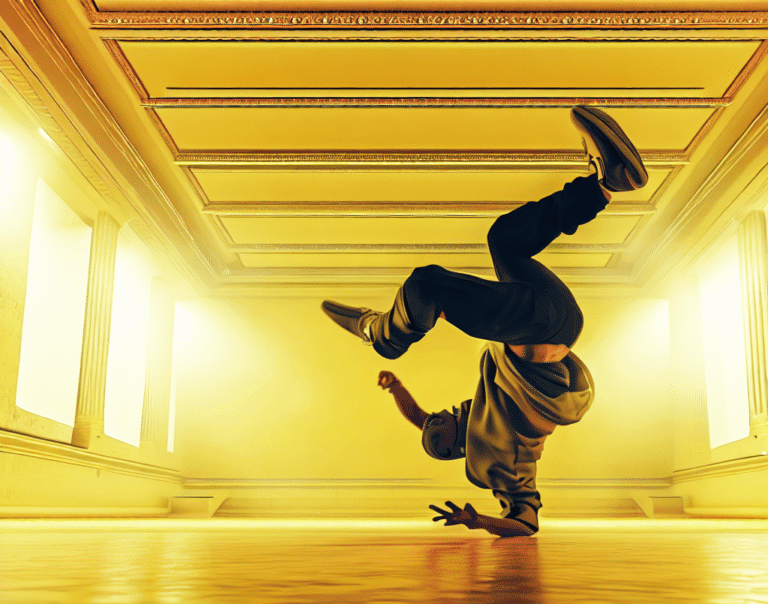 a breakdancer dancing in an empty yellow room, 4k digital art photorealistic person