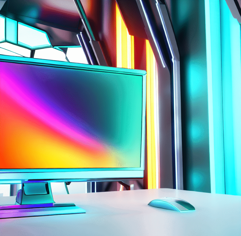 a computer monitor in a colorful futuristic room with a desk, as a simple photorealistic 4k image