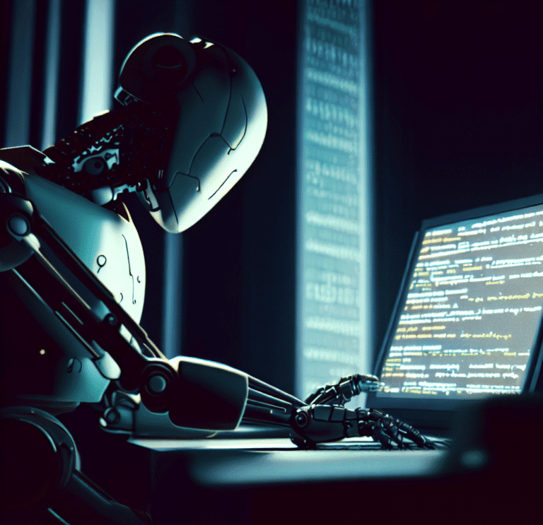 a robot coding on a laptop in a dark room, as digital art in 4k