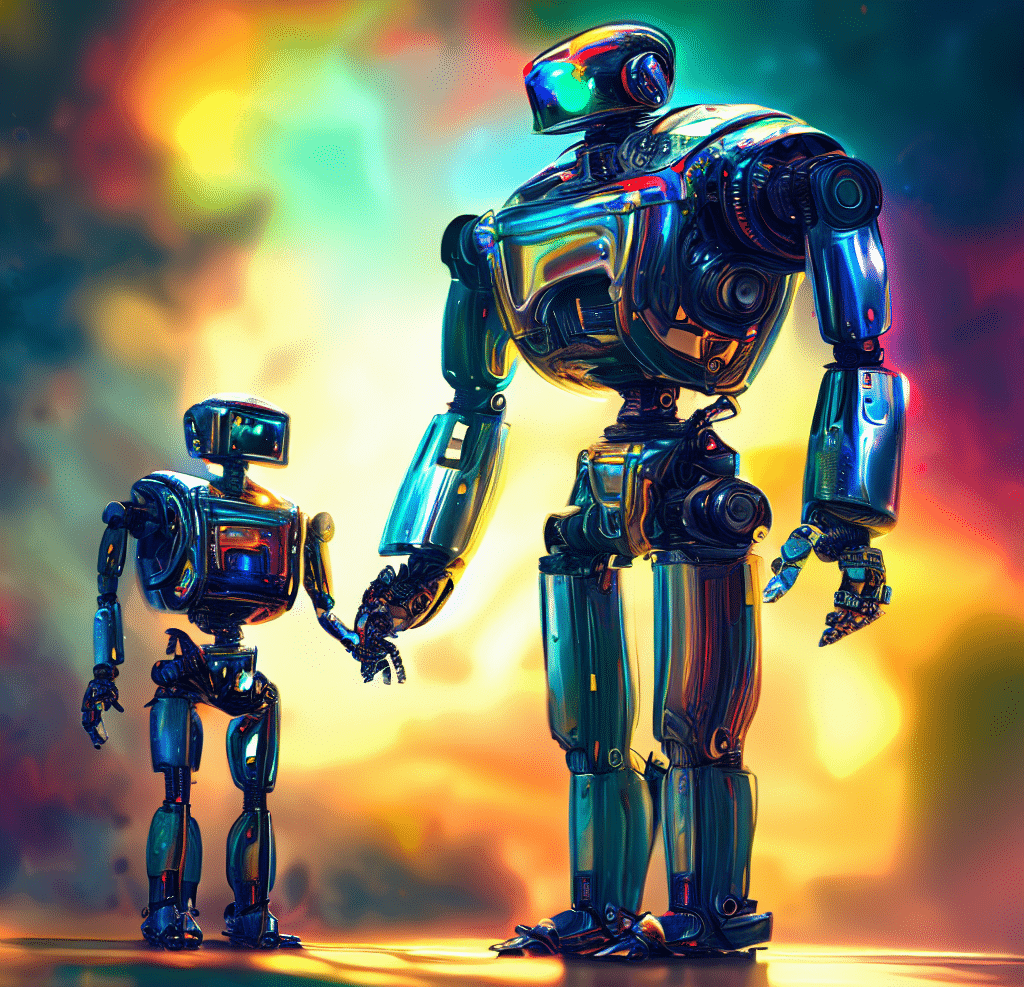a robot standing next to another robot smaller than him holding hands, as 4k photorealistic digital art with a lot of colors