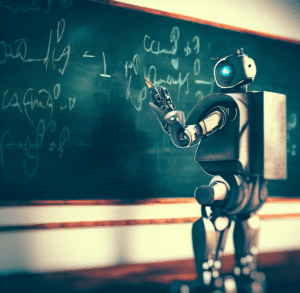 a robot writing on a chalkboard in a school classroom as digital art 4k casual and friendly picture