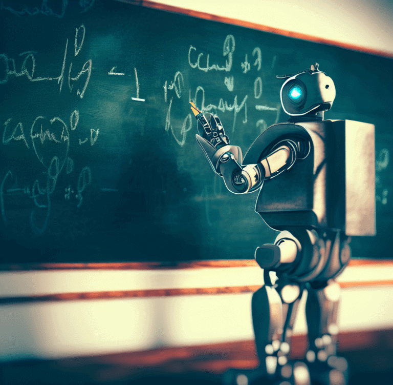 a robot writing on a chalkboard in a school classroom as digital art 4k casual and friendly picture