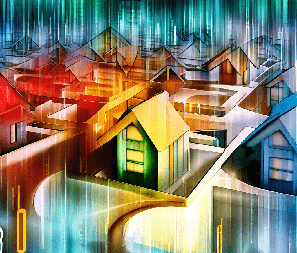 an analogy to search engine real estate as houses on a block, colorful digital art