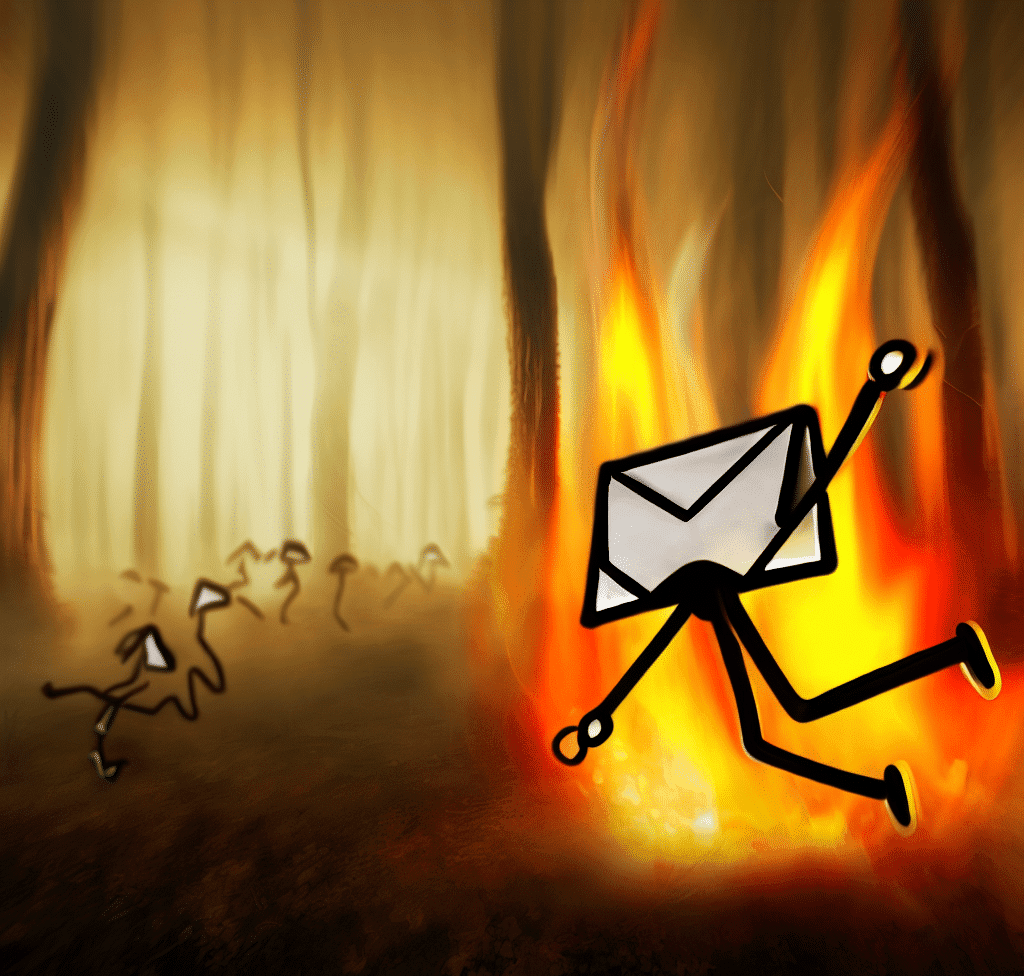 an email with stick figure legs running through the forest while its on fire, as digital art in hd