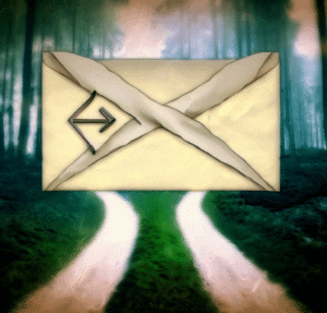 an envelope email at the crossroad of two different paths on a trail in the woods as digital art