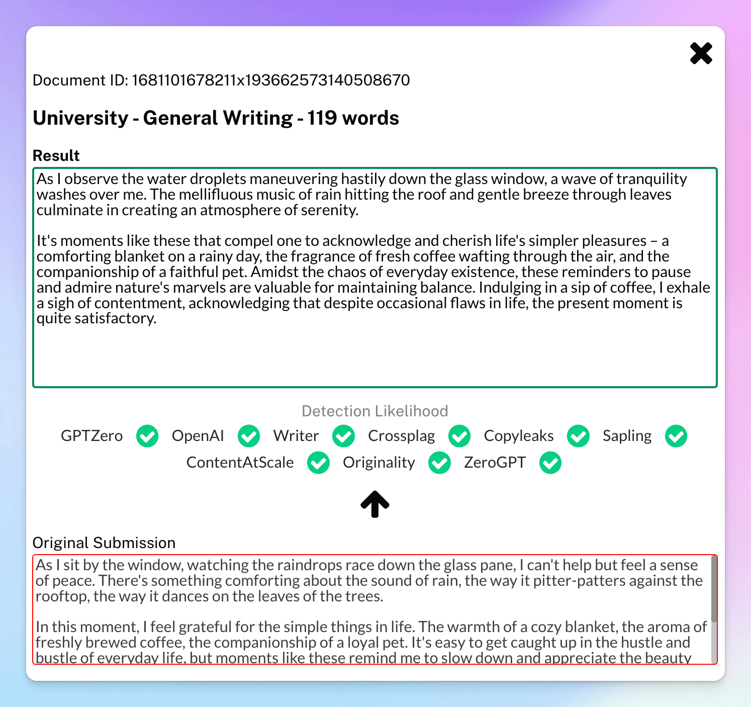 Undetectable AI returning content written with AI as creative and paraphrased new content