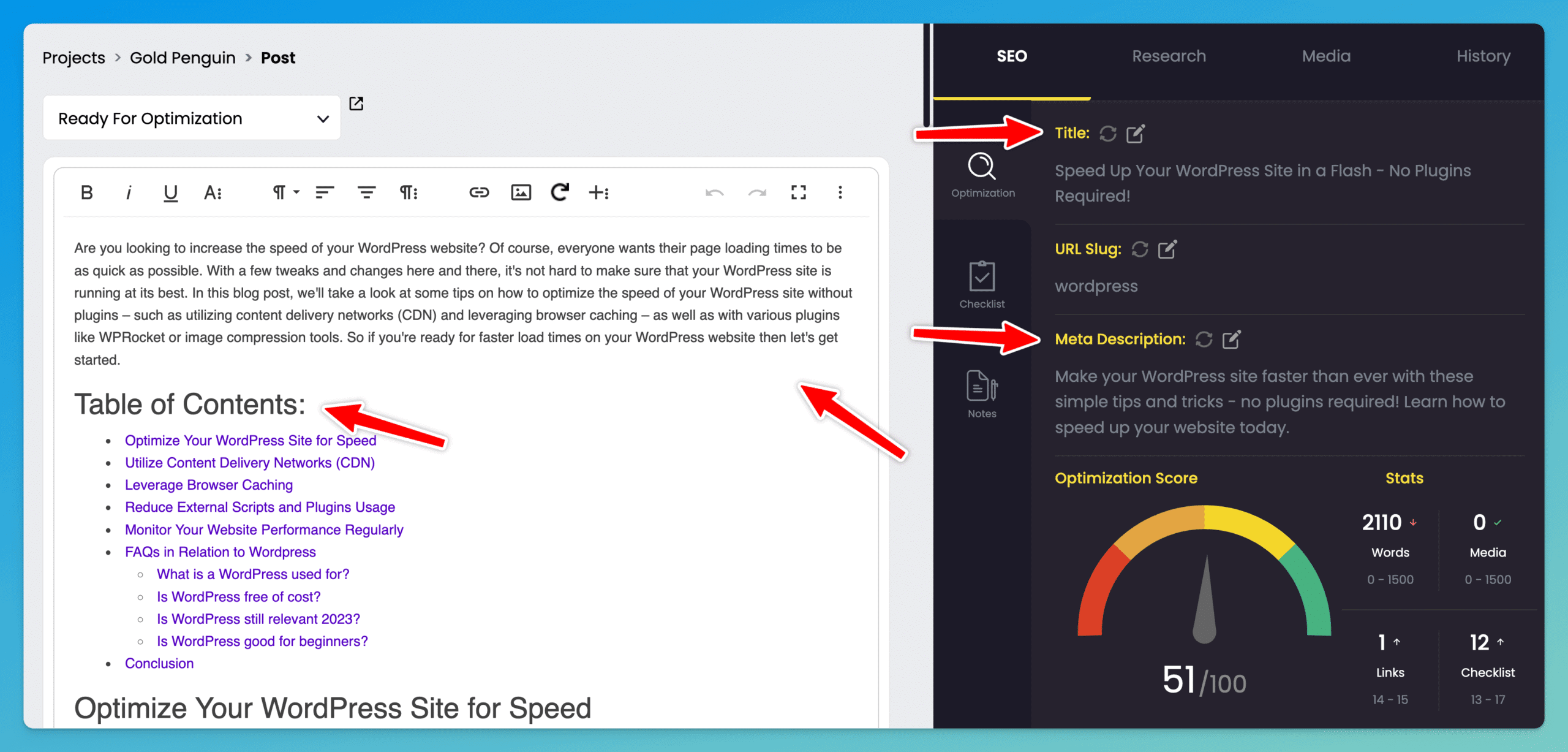 Content at Scale article generation table of contents, SEO options, and style options