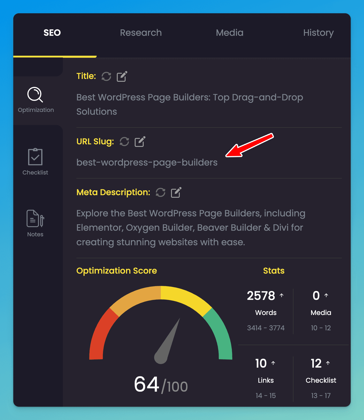Content at Scale SEO Optimization screen giving suggestions for a title, URL slug, meta description, optimization score, and word count