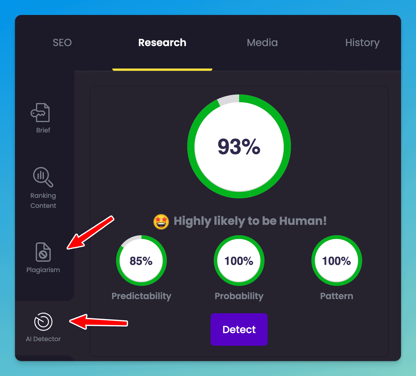 Content at Scale AI detection and plagiarism checker screens, using an internal tool to detect AI