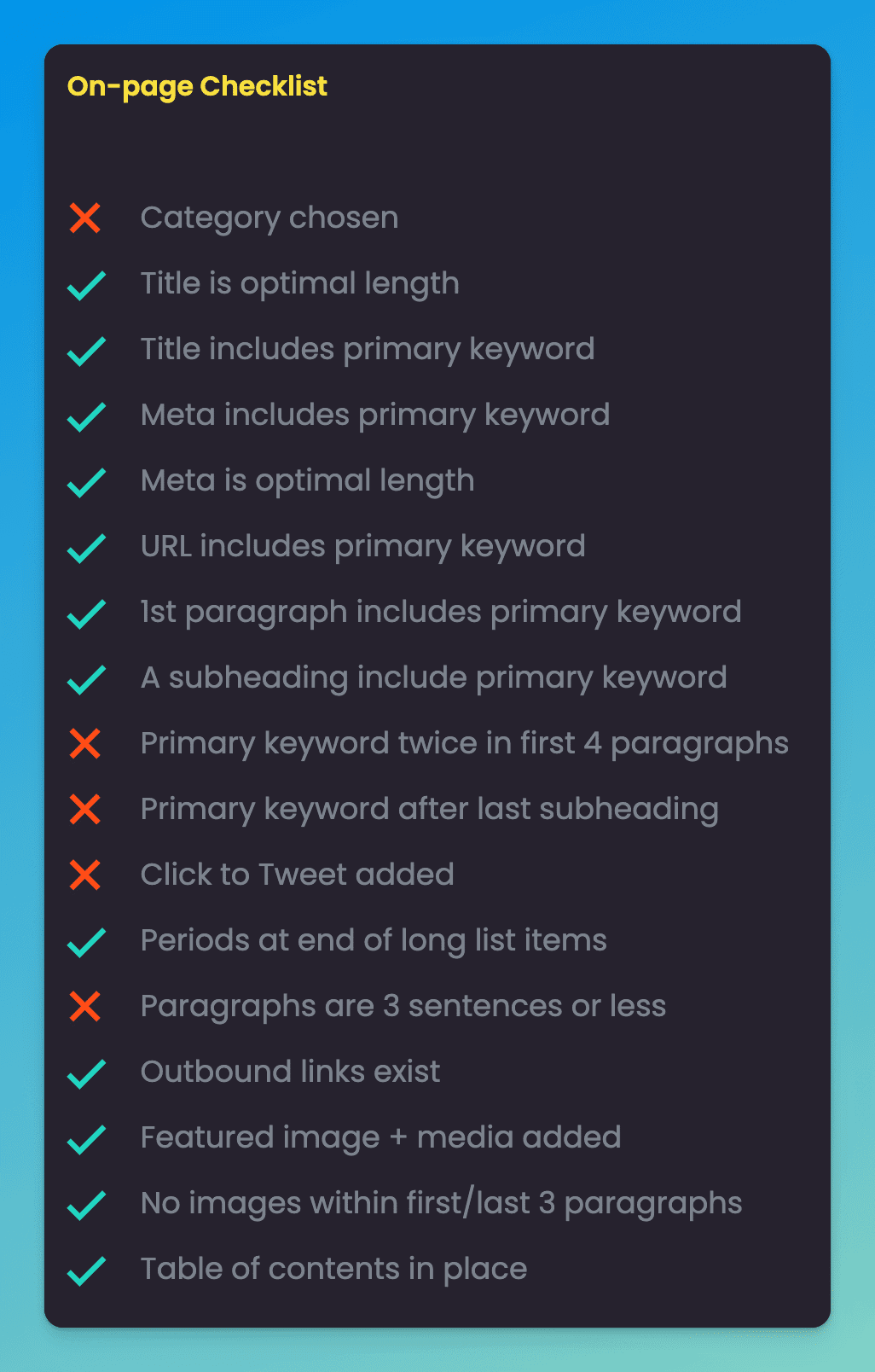 Content at Scale AI on-page SEO checklist for making sure content is up to proper standards