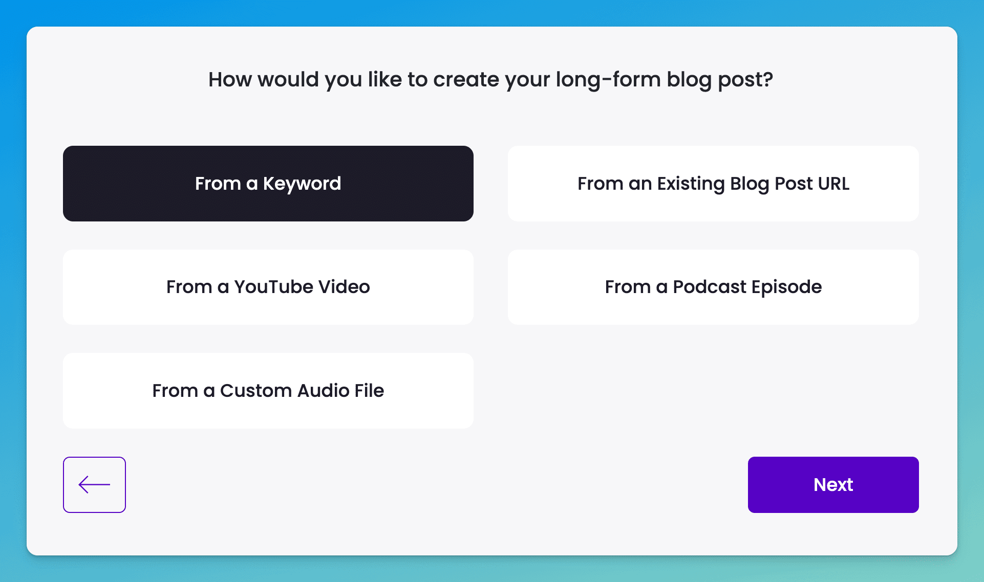 Content at Scale long-form blog post input generator options (from what source of content)