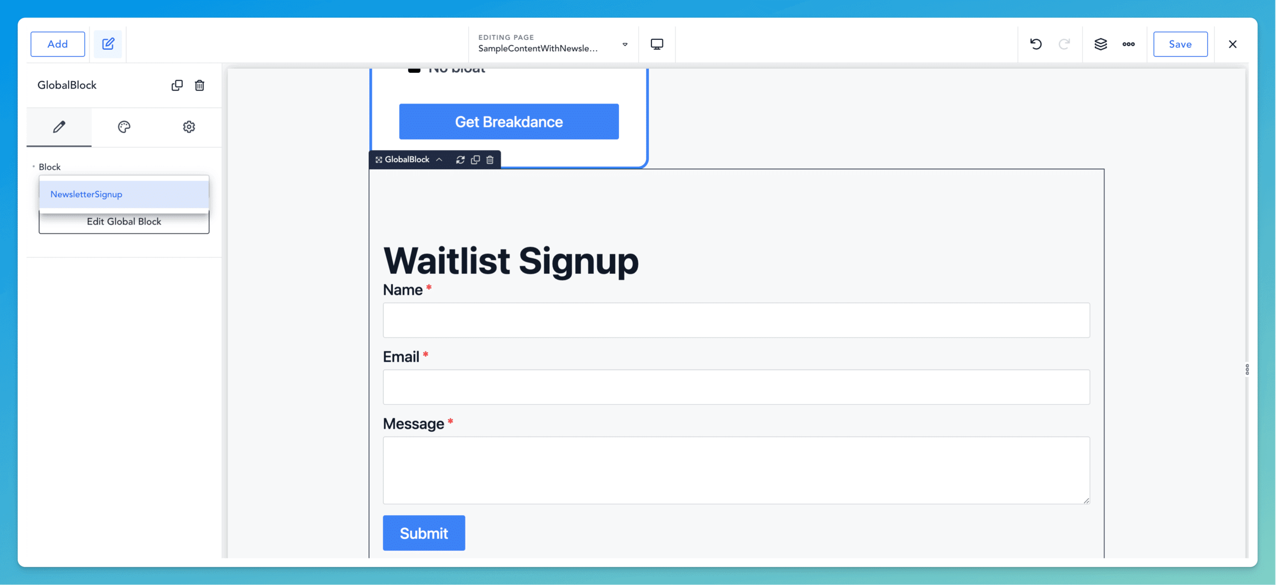Adding a global block to a Breakdance Builder sample page in WordPress