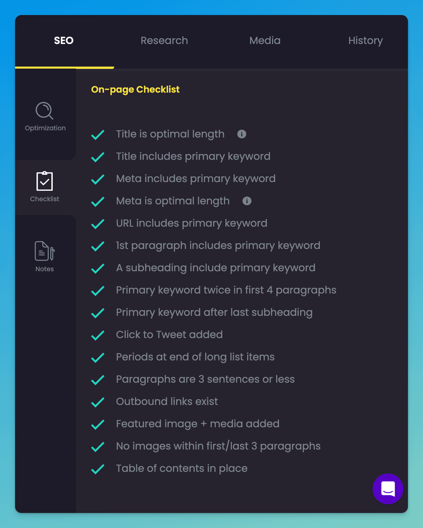 SEO Checklist shown after article generation from Content at Scale