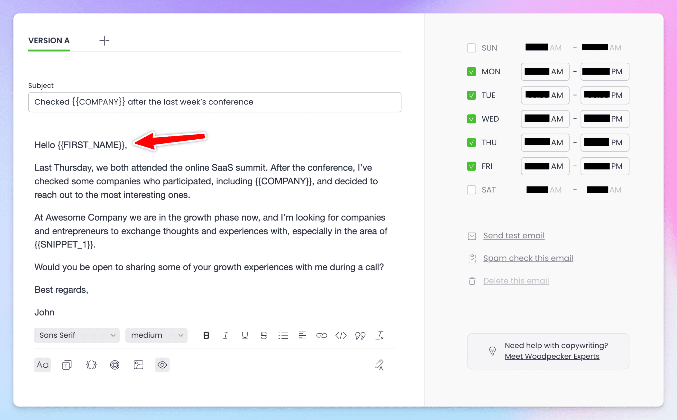 Woodpecker email custom crafting screen