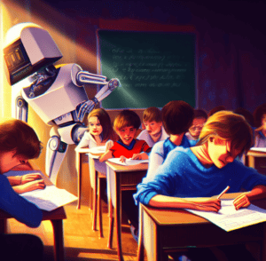 students cheating on a test administered by a robot in a school classroom, digital art 4k