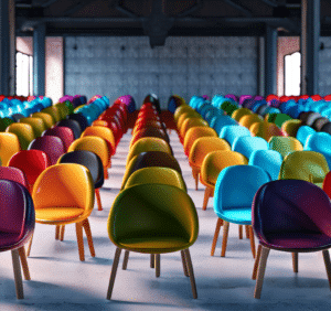 the same chair design but with dozens of different colorful colors in an empty warehouse, taken like a model photoshoot. photorealism 4k