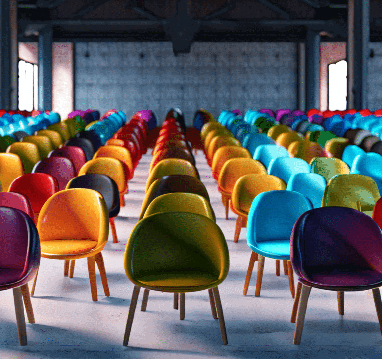 the same chair design but with dozens of different colorful colors in an empty warehouse, taken like a model photoshoot. photorealism 4k
