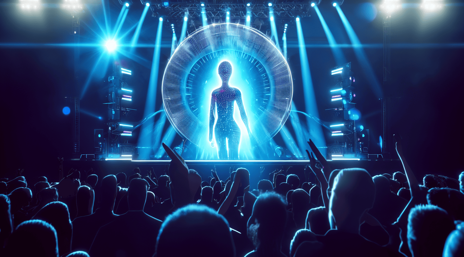 A robot on stage at a concert as 4k digital art