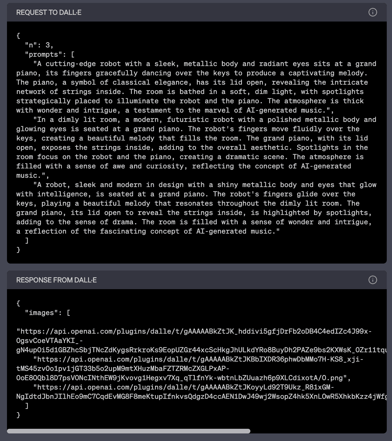 A request to DALL-E to generate 3 variations of a singular image based on one prompt