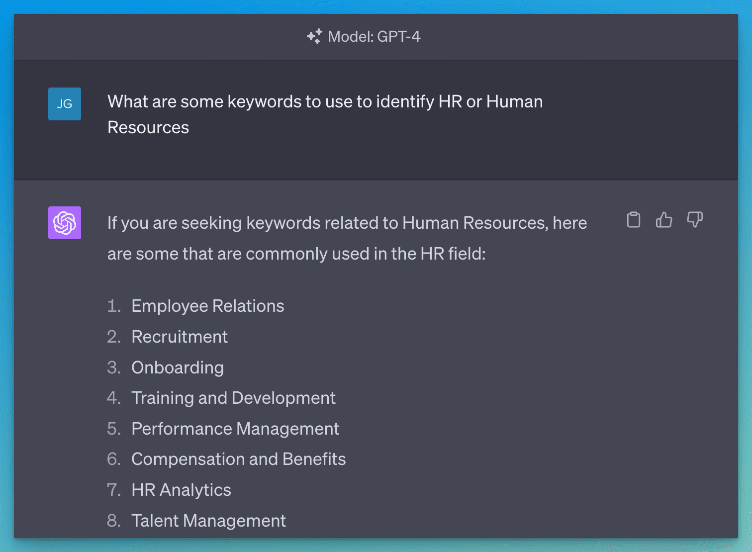 ChatGPT result for keywords to target to identify human resources