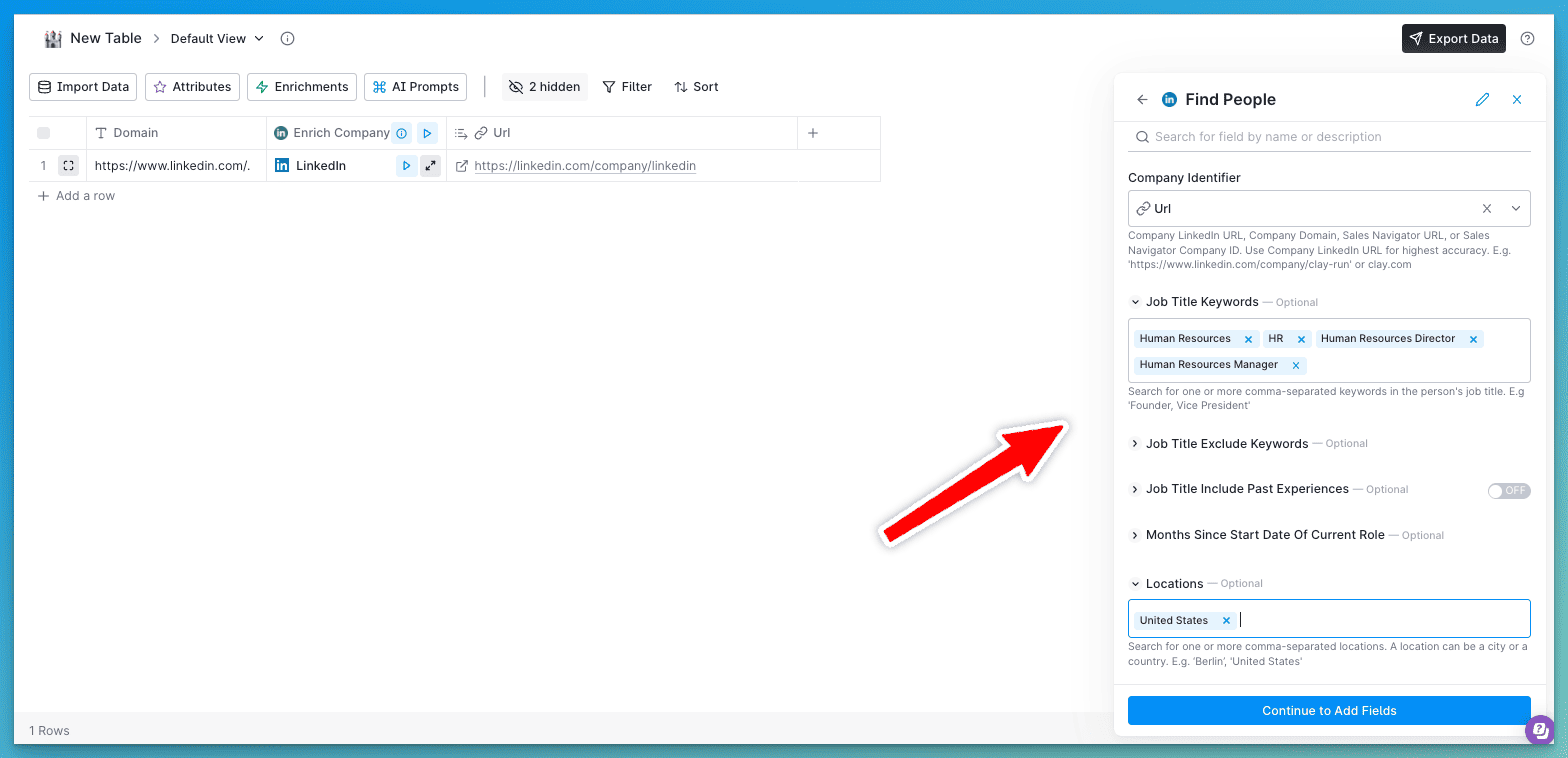 Adding job title keywords to the find people enrichment in Clay.com