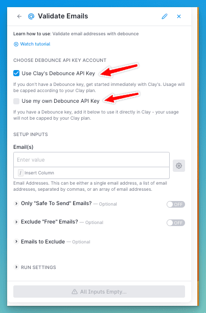 Validate emails in Clay.com using one of their enrichments. You can use Clay's API key or your own.