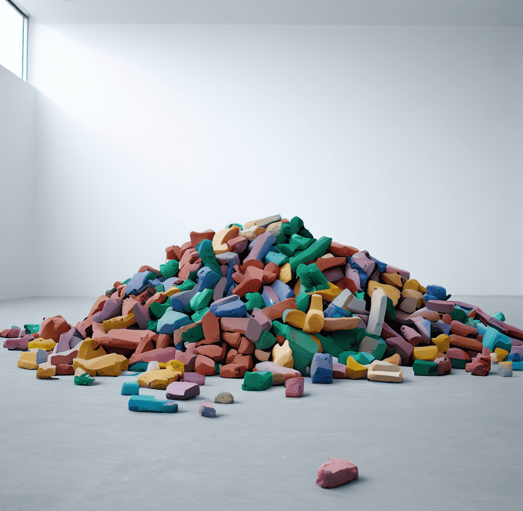 a bunch of colorful clay in a pile that looks like a bunch of bricks in a big, empty, white room