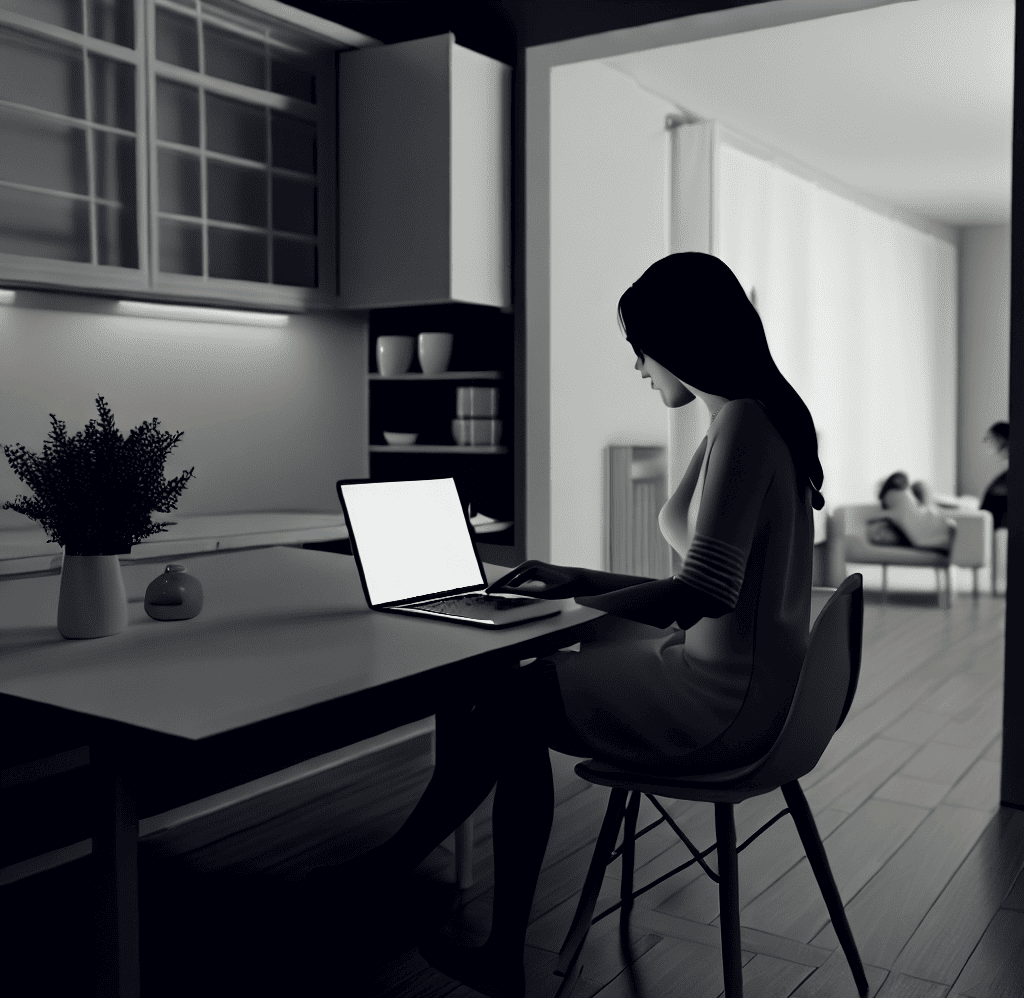 a mom sitting at a desk on her laptop inside a house as a photorealistic 4k hd picture