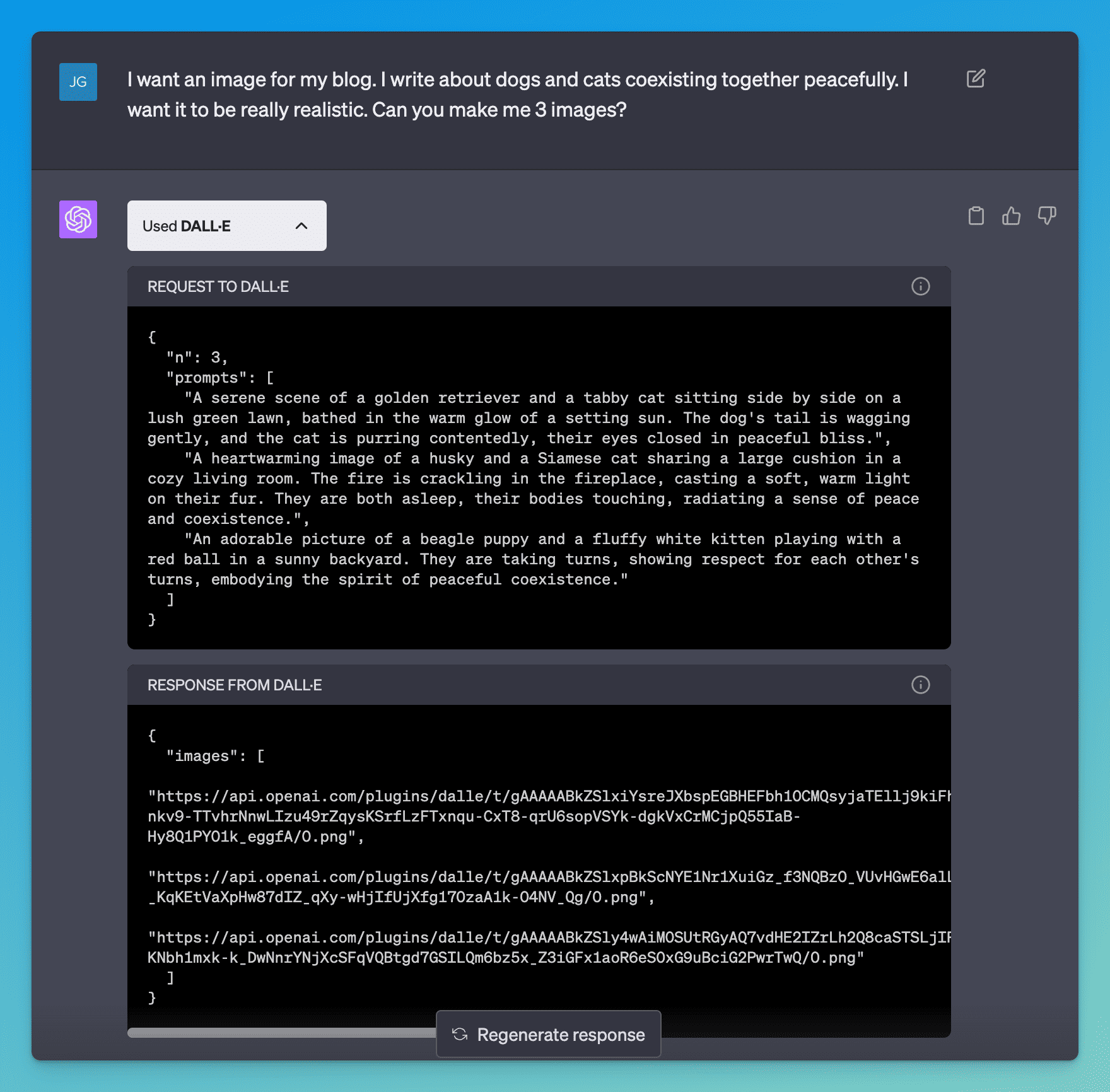 The request from DALL-E within ChatGPT showing 3 image prompts, based on a simple description a user gave to ChatGPT