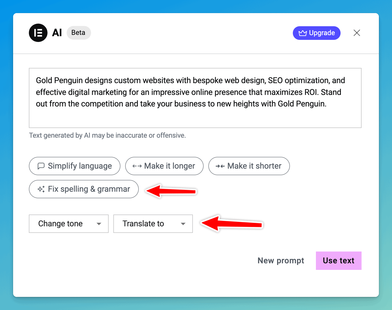 Elementor AI headline copywriter tool with options to fix spelling & even translate languages