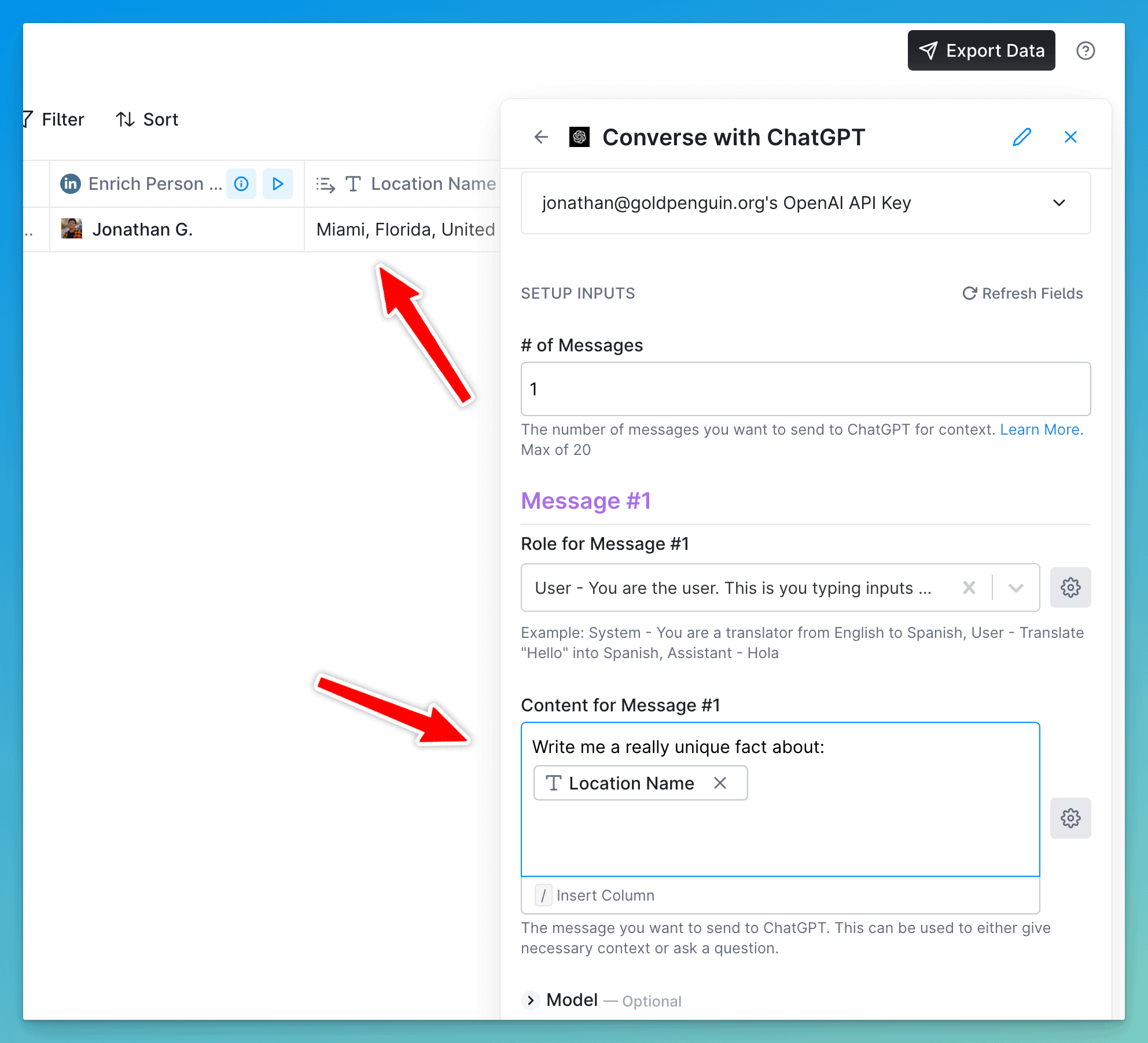 Send a message to ChatGPT using custom dynamic data from a Clay.com enrichment