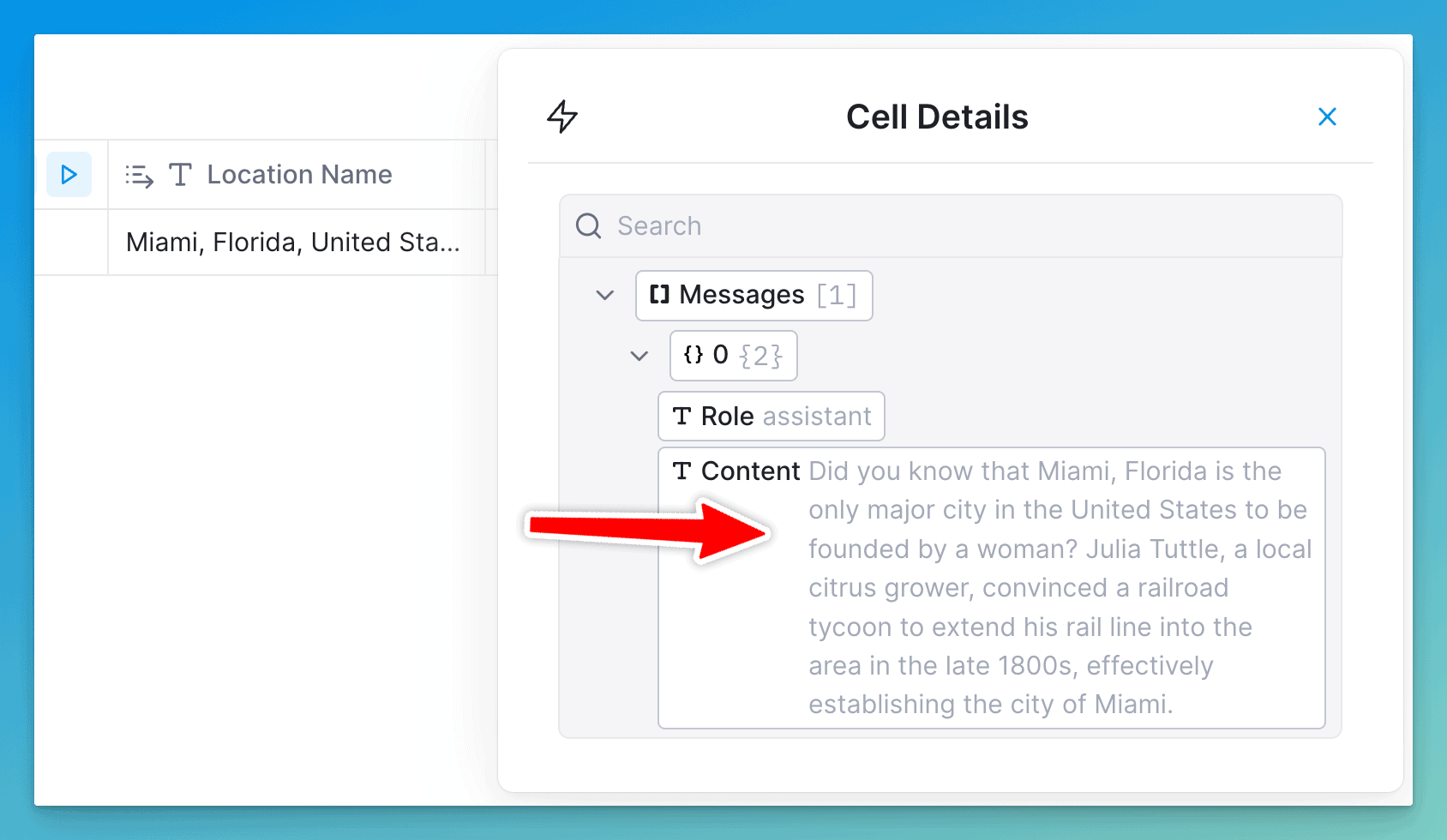 A cell with information responded from a ChatGPT call after using a Clay.com enrichment