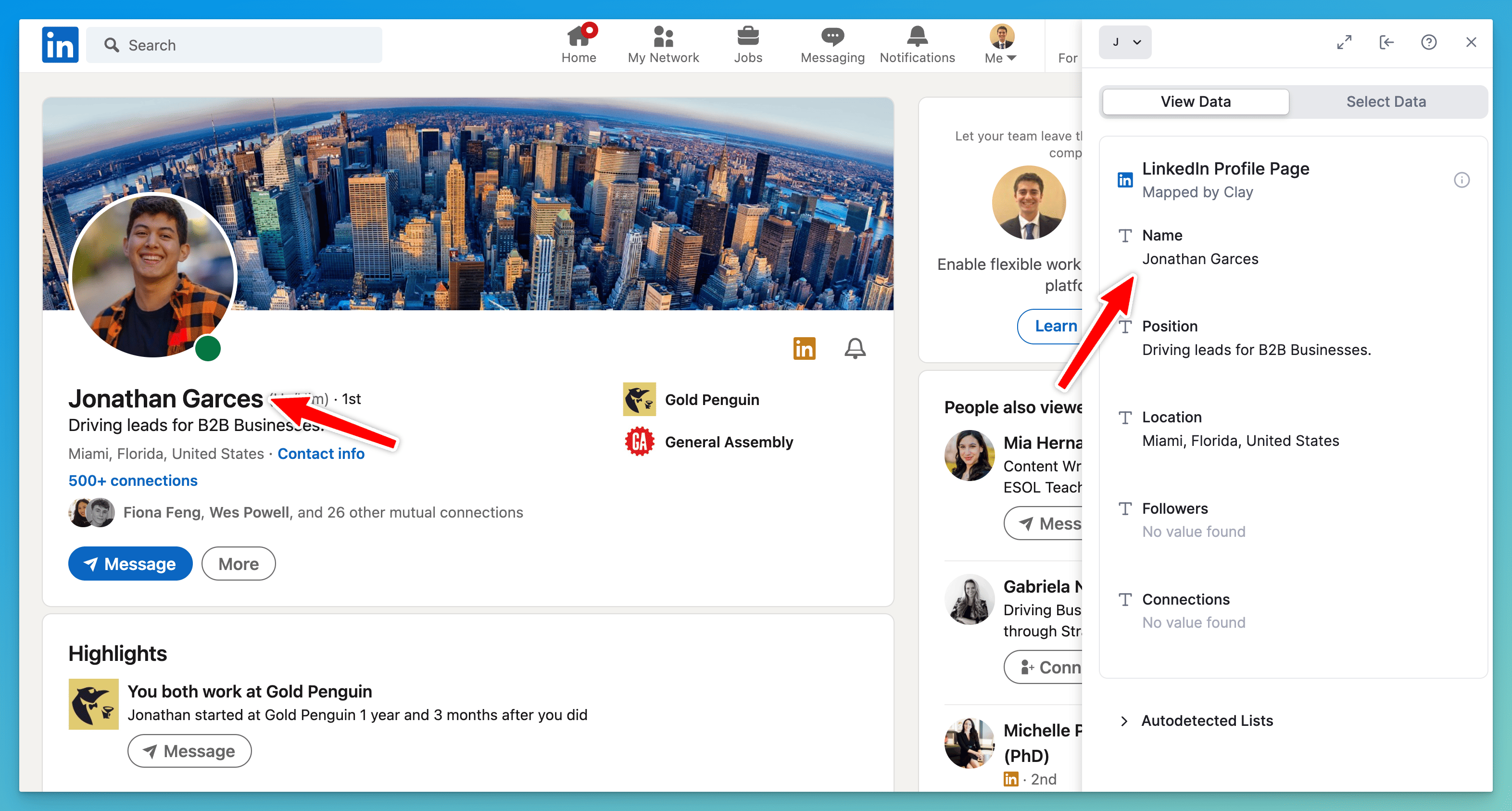 Chrome Extension visualization of a Clay.com LinkedIn profile