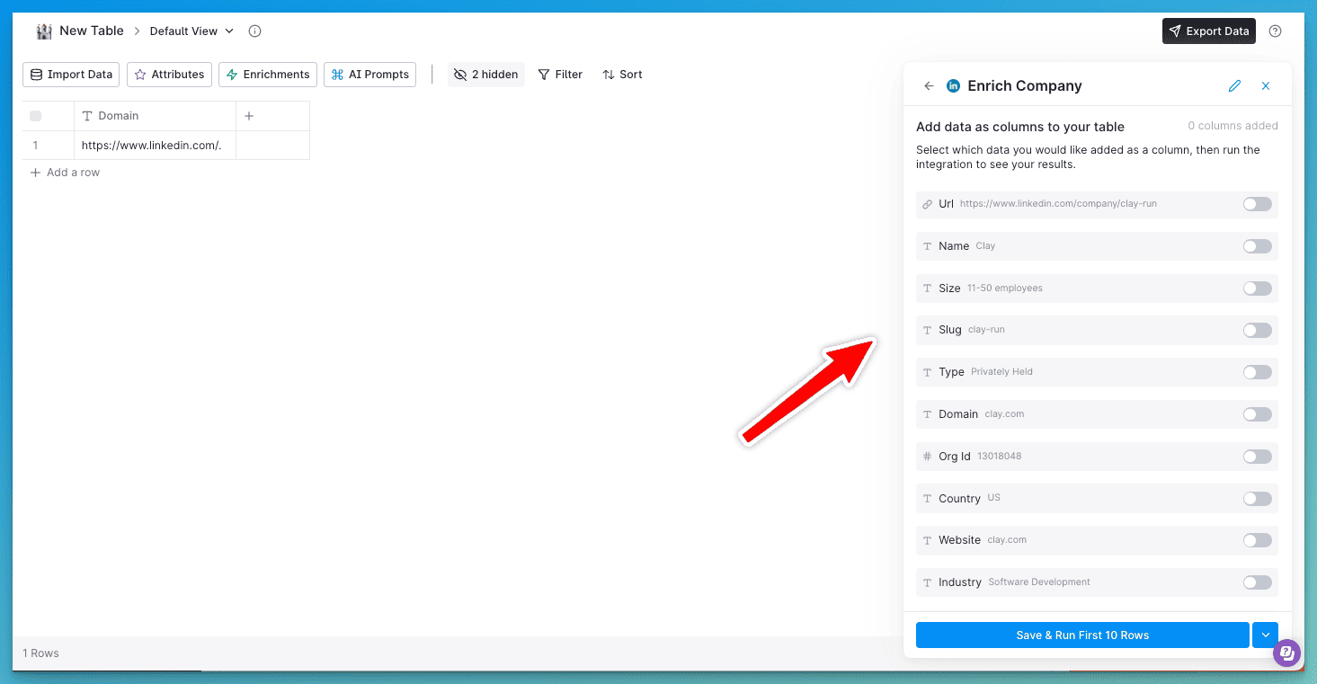 Enrich Company columns to add to table in Clay.com