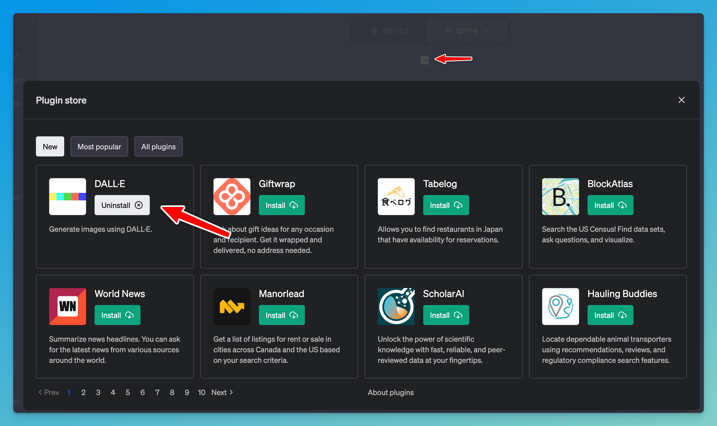 A list of plugins in the ChatGPT plugin store showing DALL-E as one of them.