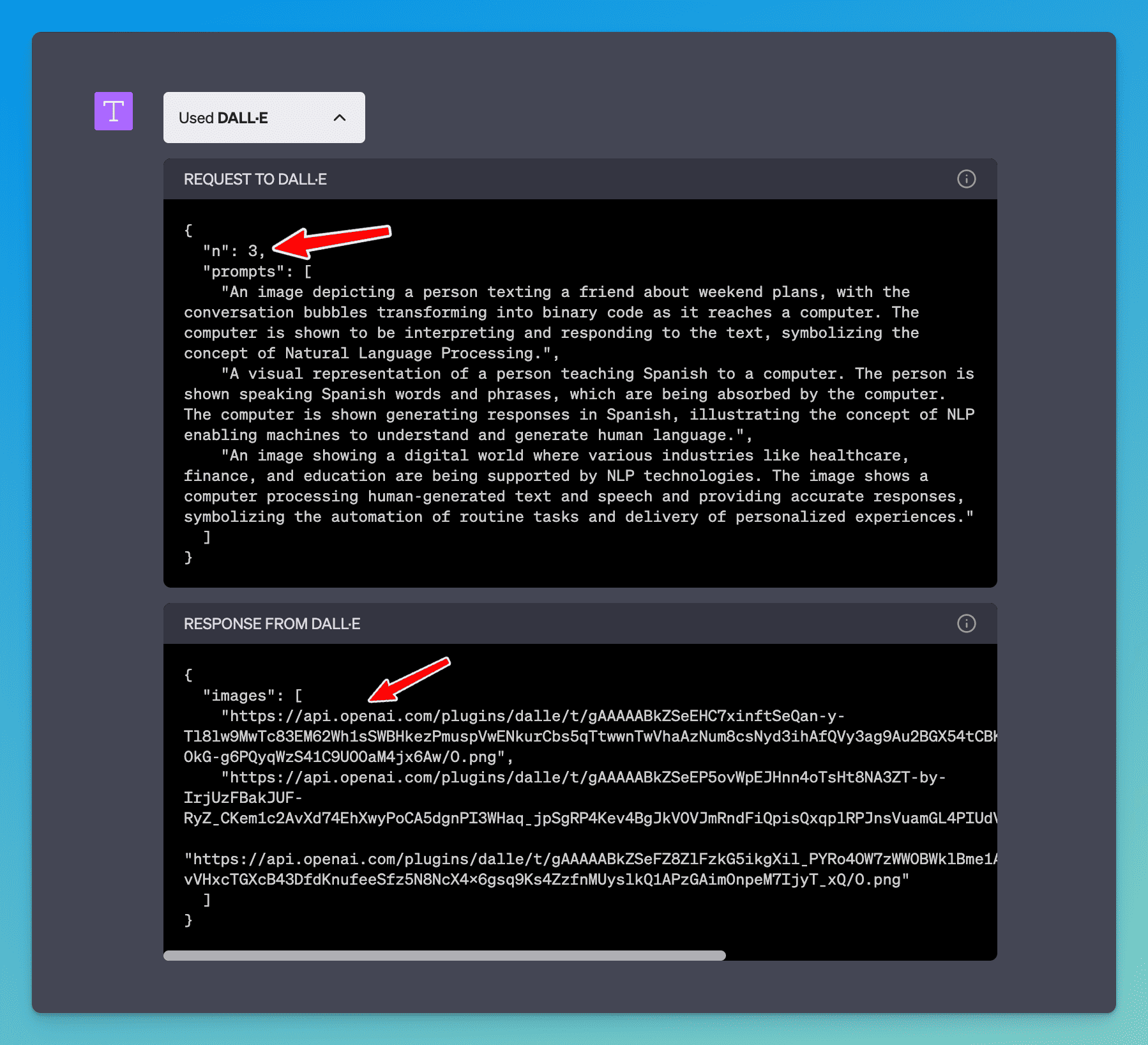 The DALL-E 2 request within ChatGPT showing the image prompts used to generate an image